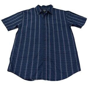 RSQ Mens Medium Button Up Shirt Blue Geometric Pattern Short Sleeve Casual